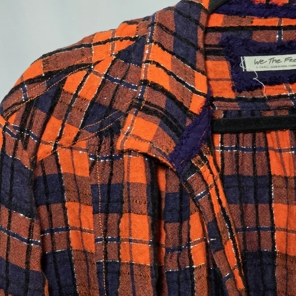 We The Free Orange Blue Plaid Button Snap Raw Hem Long Sleeve Oversized Top, XS - Picture 2 of 9